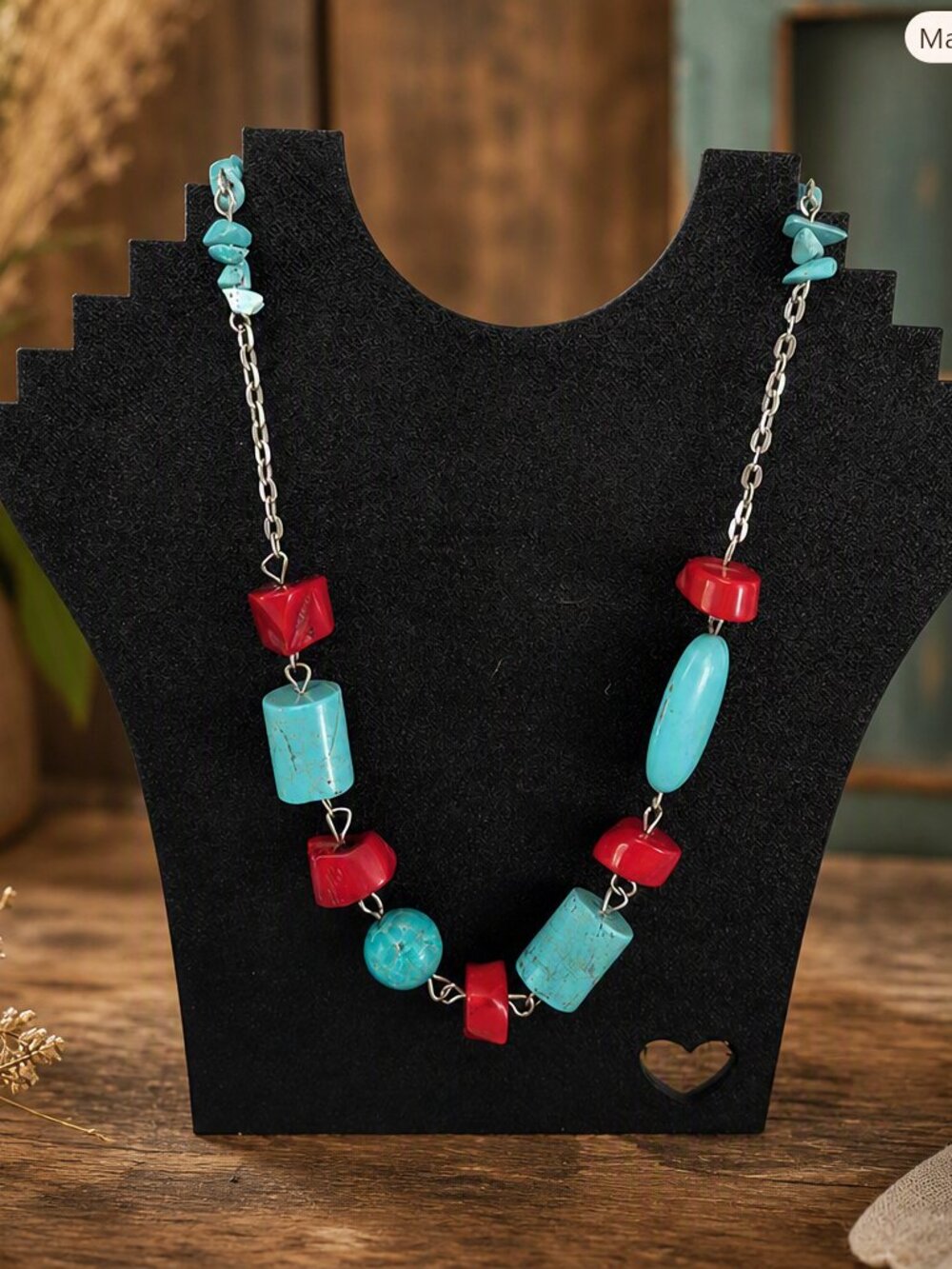 Turquoise and Red Stone Bead Necklace